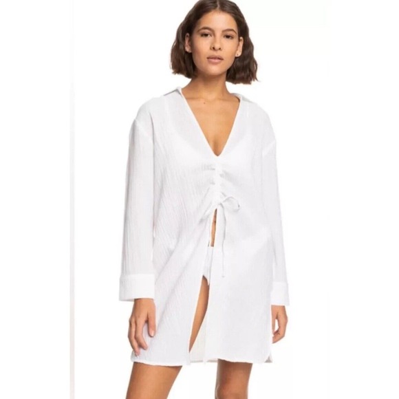 ROXY NEW Sun & Limonade Gauz Tie-Front Swim Ruched Dress Cover-Up White Sz S $60 - Picture 3 of 12